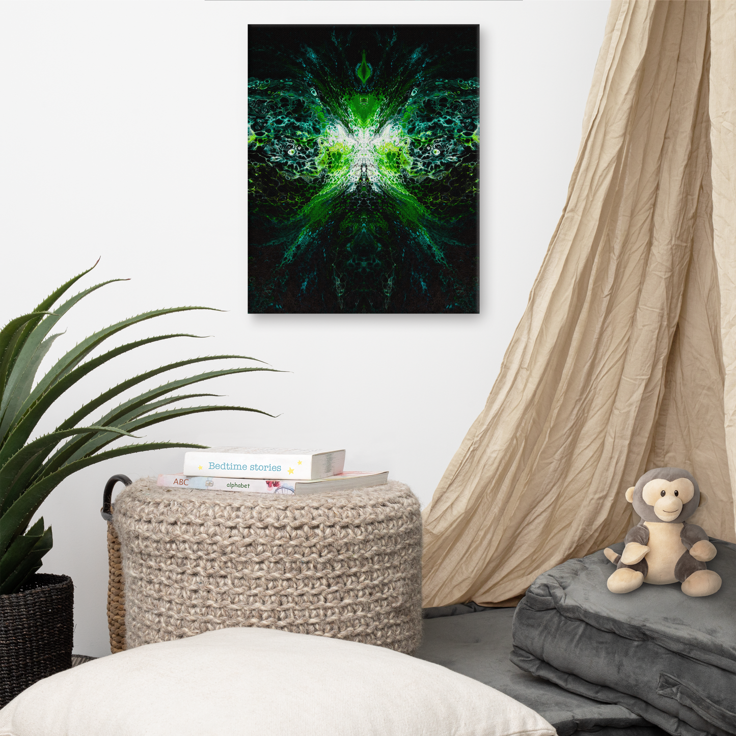 16x20 Abstract Canvas Print, Acrylic Painting Reproduction, Wall Art, Boho Living Room, Bedroom, Office, and Home Decor, Premium Canvas with Wooden Frame, Green Lantern by NightOwl Studio