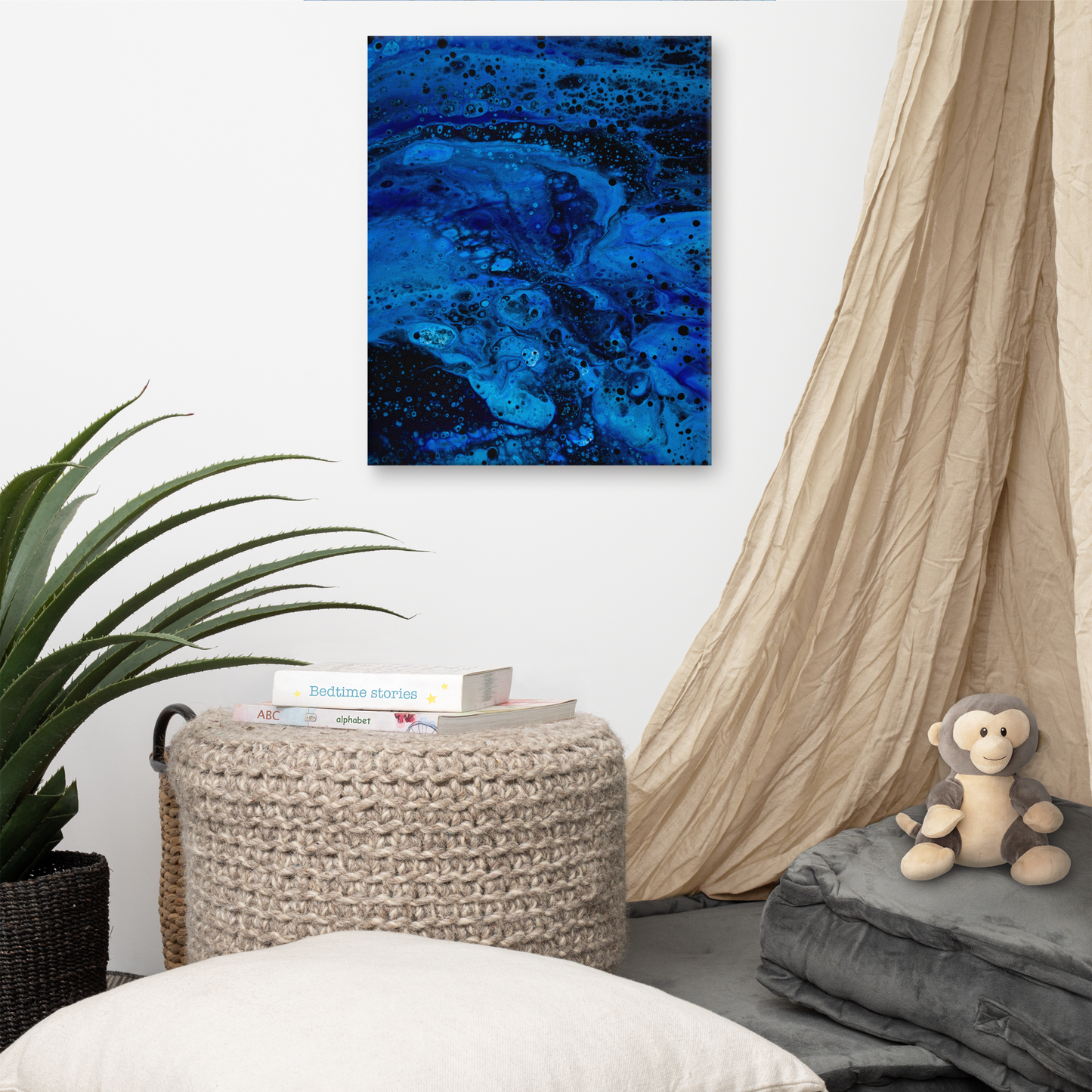 16x20 Abstract Canvas Print, Acrylic Painting Reproduction, Wall Art, Boho Living Room, Bedroom, Office, and Home Decor, Premium Canvas with Wooden Frame, Blue Abyss by NightOwl Studio