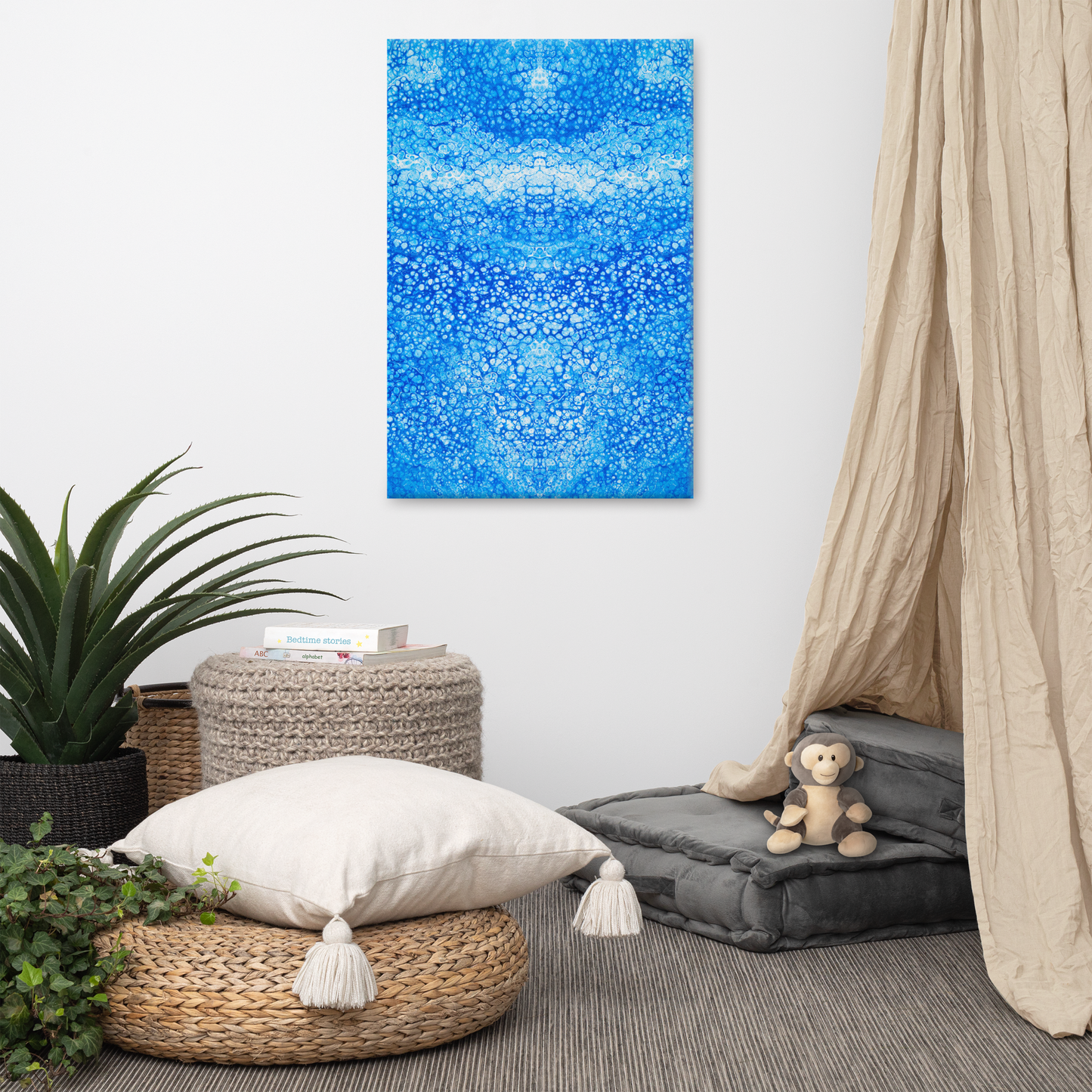 24x36 Abstract Canvas Print, Acrylic Painting Reproduction, Wall Art, Boho Living Room, Bedroom, Office, and Home Decor, Premium Canvas with Wooden Frame, Cryptic Blue by NightOwl Studio