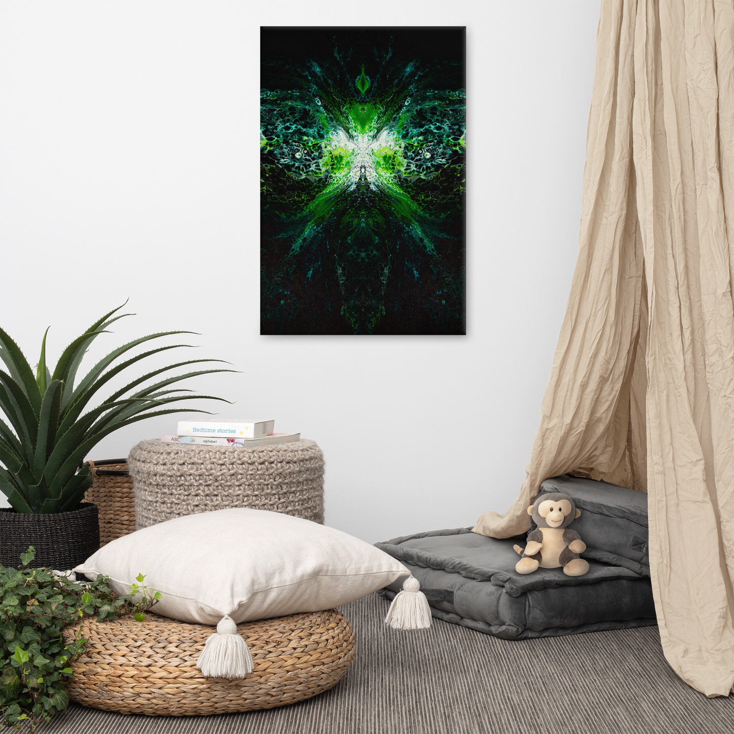 24x36 Abstract Canvas Print, Acrylic Painting Reproduction, Wall Art, Boho Living Room, Bedroom, Office, and Home Decor, Premium Canvas with Wooden Frame, Green Lantern by NightOwl Studio